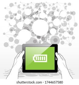 A held Tablet PC presenting a full / maximum battery charge icon on screen.