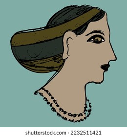Helen of Troy. Aphrodite or Venus. Pretty woman. Female portrait in profile. Head of a goddess from Akrotiri. Hand drawn colorful sketch. On turquoise green background.