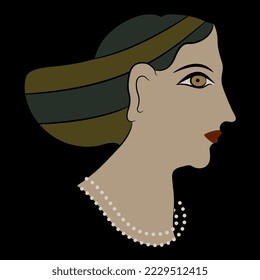 Helen of Troy. Pretty woman. Female portrait in profile. Head of a lady or goddess from Acrotiri. Thera island. Cyclades, Greece. Ancient Greek Cretan Minoan art. On black background.