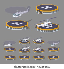 Heli pad. 3D lowpoly isometric vector illustration. The set of objects isolated against the grey background and shown from different sides