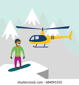 Heli skiing. Heliskiing flat illustration with helicopter, mountains and snowboarder. Vector illustration.