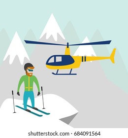 Heli skiing. Heliskiing flat illustration with helicopter, mountains and skier. Vector illustration.