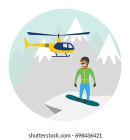 Heli skiing. Heliskiing flat illustration with helicopter, mountains and snowboarder. Vector illustration.