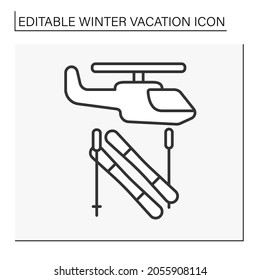  Heli skiing line icon.Helicopter pulls skiers after an avalanche. Winter vacation concept. Isolated vector illustration. Editable stroke