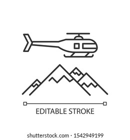 Heli skiing linear icon. Winter extreme sport, risky activity and adventure. Cold season outdoor leisure. Thin line illustration. Contour symbol. Vector isolated outline drawing. Editable stroke