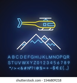 Heli skiing neon light icon. Winter extreme sport, risky activity and adventure. Flying helicopter and mountains peaks. Glowing sign with alphabet, numbers and symbols. Vector isolated illustration