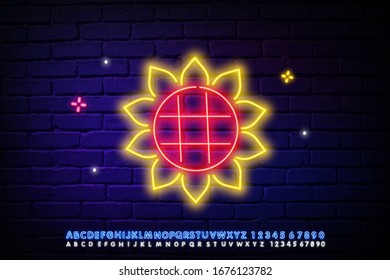 Helianthus neon light icon. Sunflower head. Field blooming flower. Agriculture symbol. Wild plant. Summer blossom. Glowing sign with alphabet, numbers and symbols. Vector isolated illustration