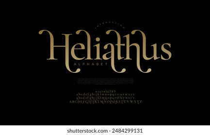 Les lettres et les numéros de l'alphabet élégant de luxe Heliatus sont de grande qualité. La typographie de mariage de Vintage classique serif, police décorative vintage retro. illustration vectorielle 