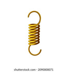 Helical extension golden spring, 3D vector model of machine detail. Tension metal spring with hooks at the ends to be extended. Realistic object illustration.