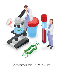 Helicobacter pilory definition isometric illustration with medical staff conducting testing in laboratory by various methods vector illustration