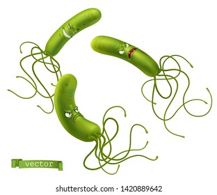 Helicobacter pylori bacteria. Green funny monsters, cartoon characters. 3d vector icon