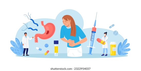 Helicobacter pylori infection. Bacterium with flagella damage stomach tissue. Digestive tract diseases, gastritis. Doctor gastroenterologist inspecting stomach, intestine microflora. Gastroenterology