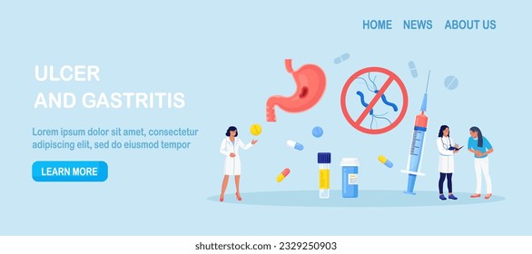 Infección por Helicobacter pylori. Bacterio con tejido estomacal dañado por la flagela. Enfermedades del tracto digestivo, gastritis. El gastroenterólogo médico inspecciona el estómago, la microflora intestinal. Gastroenterología