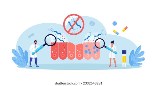 Helicobacter pylori infection. Bacterium with flagella damage stomach tissue. Digestive tract diseases, gastritis. Doctor inspecting stomach, intestine microflora, gut microorganisms. Gastroenterology