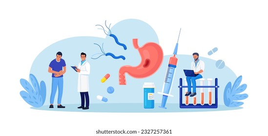 Helicobacter pylori infection process in stomach causes of gastritis, ulcer. Digestive tract diseases. Gastroenterology. Doctor inspecting stomach, intestine, gut microbiota, prescribes medication 