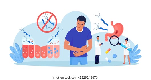 Helicobacter pylori proceso de infección en las causas estomacales de gastritis, úlcera. Enfermedades del tracto digestivo. Gastroenterología. El médico inspecciona el estómago, el intestino, la microbiota intestinal, receta medicamentos 