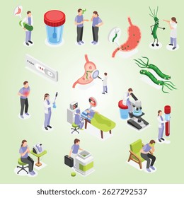 Helicobacter pylori isometric set of people infected with pathogenic bacterium being tested and doing gastroscopy procedure isolated vector illustration acid gastrointestinal study