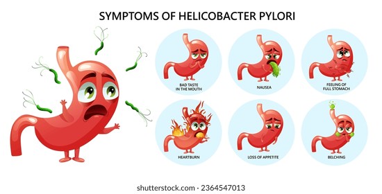 Helicobacter pylori symptoms nausea, bad taste in mouth, belching, loss of appetite, feeling of full stomach, heartburn. Infographic with cartoon stomach characters. Vector illustration
