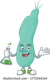 Helicobacter pylory genius Professor Cartoon character holding glass tube. Vector illustration