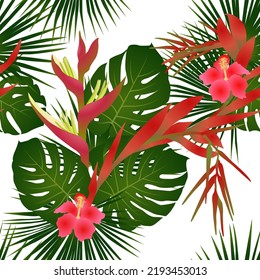 Heliconia Blossom, Hawaiian Hibiscus Tropical Flowers, Palm Leaves, Monstera Foliage Seamless Vector Pattern. Flowering Plants Fabric Print. Tropical Flowers And Leavevs Paradise Desin. Jungle Plants