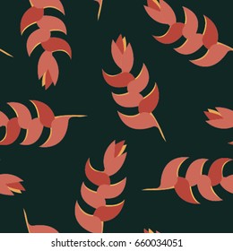 Heliconia flower pattern on dark green background. Exotic flowers seamless pattern.