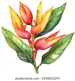Heliconia flower watercolor clipart illustration