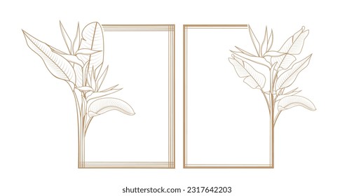 Heliconia leaves floral frame monogram vector design template with copy space for text or lettering