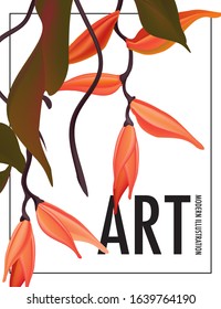 Heliconians exotic flower nature garden print. Wild african, australian plant orhanic watercolor unigue spring bloom  bouquet. Realistic 3d art with typography