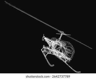Helicopter 3D wireframe model with detailed rotor blades, cockpit, and landing gear, isolated on a black background for high contrast. The clean white lines highlight the intricate engineering design.