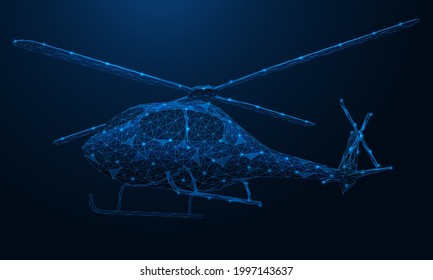 Helicopter. An aerial aircraft. Polygonal design of lines and points. Blue background