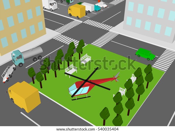Helicopter air rescue service 3d. View from\
above. Isometric part of town with parking, gate, trees, cars and\
roads.  Vector\
illustration