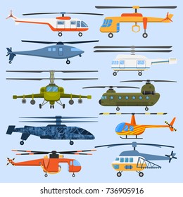 Helicopter air transport propeller aerial vehicle flying modern aviation military civil copter aircraft vector illustration flat design.