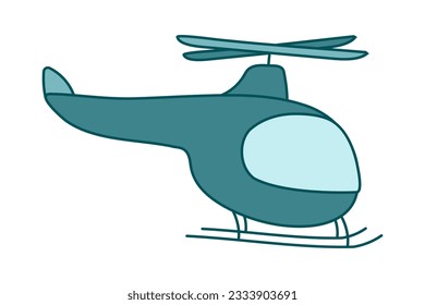 Helicopter in the air. Air transport with propeller. Aviation Side view. Drawn Aircraft. Journey. Color image with outline. isolated object. Children drawing. Vector illustration.