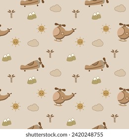 Helicopter and airplane cartoon so cute. On cloud sun tree mountain background. Welcome autumn. Pattern seamless vector illustration. 
