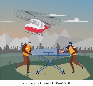 Helicopter ambulance service for remote areas, demonstrates rescue operation by medical personnel far from hospital and outside the cities.