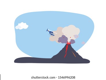 The helicopter approached the erupting volcano at a dangerous distance. Vector illustration.