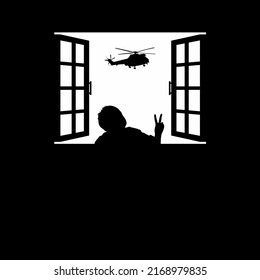 Helicopter Attack (Military Vehicles) and Children Give Peace Hand Finger Sign on the Window Silhouette. the Symbolism of the Peace, Stop War, No War or War is Over. Vector Illustration