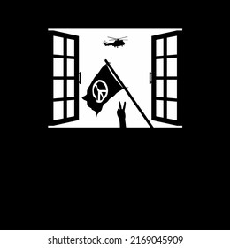 Helicopter Attack (Military Vehicles), Peace Flag  Peace Sign Fingers Hand (the 'V' Sign) on the Window Silhouette. The symbolism of the Peace, Stop War, No War or War is Over. Vector Illustration