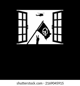 Helicopter Attack (Military Vehicles), Peace Flag and Peace Sign Fingers Hand (the 'V' Sign) on the Window Silhouette. The symbolism of the Peace, Stop War, No War or War is Over. Vector Illustration