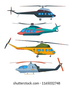 Helicopter Aviation. Helicopters cartoon. Avia transportation isolated on white. Vector transportation with propeller, airscrew flight illustration