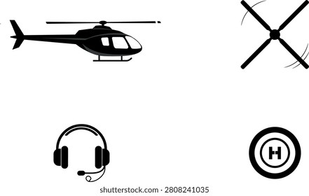 Helicopter Aviation Transportation Icon Set Featuring Helicopter Silhouette, Rotating Propeller Rotor Blades, Pilot Headset Communication Gear, and Helipad Landing Zone Vector Graphics.eps
