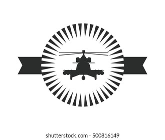 Helicopter badge or label isolated on white background. Vector Military helicopter logotype. Black and white helicopter icon.