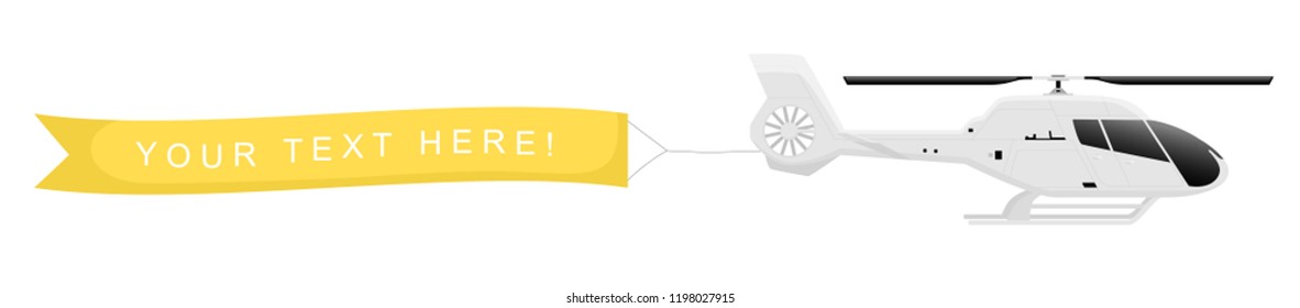 Helicopter with banner in the sky isolated on white background. Air vehicle with an empty ribbon for advertising. Simple realistic and modern design. Flat style vector illustration.