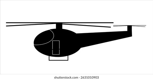 O helicóptero é preto sobre um fundo branco,