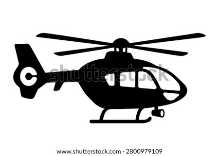 Helicopter black silhouette vector illustration isolated on white background. Minimalist aviation icon with chopper profile for aircraft logos, transportation stickers, flight club badges, and civilian transport signs.