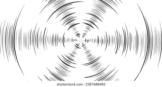 Helicopter blade rotation in manga comic style. Black concentric lines as a spinning vinyl record or spin vector illustration. Teleport or whirlpool epicenter. Optical dizzling swirl illusion