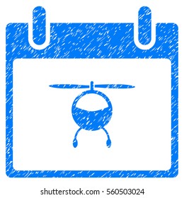 Helicopter Calendar Day grainy textured icon for overlay watermark stamps. Flat symbol with scratched texture. Dotted vector blue ink rubber seal stamp with grunge design on a white background.
