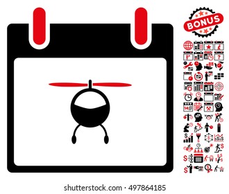 Helicopter Calendar Day pictograph with bonus calendar and time management pictograph collection. Vector illustration style is flat iconic symbols, intensive red and black, white background.