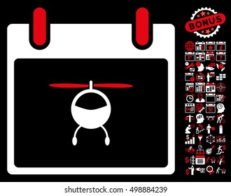 Helicopter Calendar Day pictograph with bonus calendar and time management pictograms. Vector illustration style is flat iconic symbols, red and white, black background.