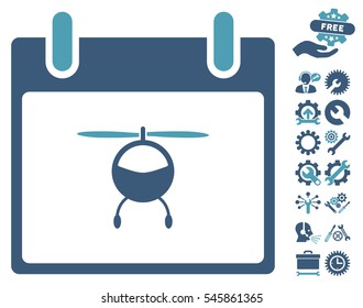 Helicopter Calendar Day pictograph with bonus options pictograms. Vector illustration style is flat iconic symbols, cyan and blue, white background.